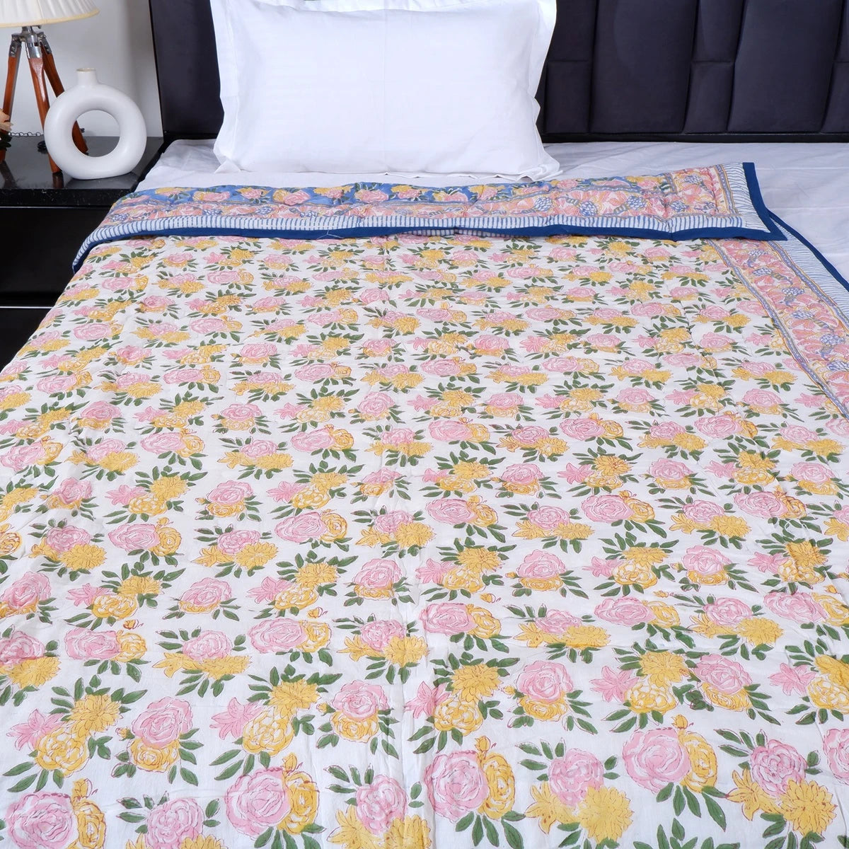 Colorful floral design 100% pure cotton single bed quilt from The Jaipuri for cozy bedroom decor